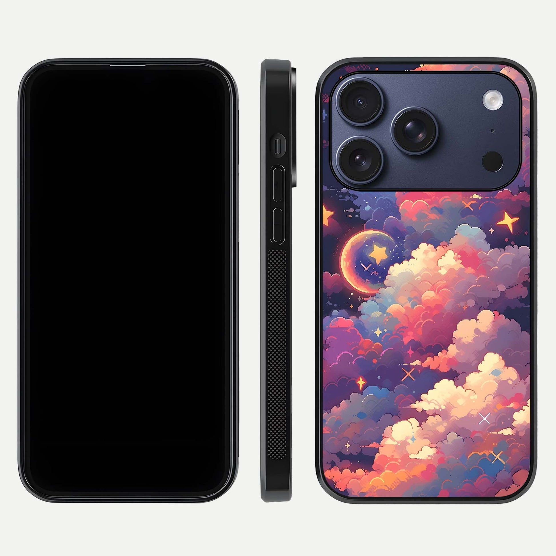 Starlit Dream Clouds Glass Case for iPhone 17 Pro front & back layout showing gradient tones and smooth edge