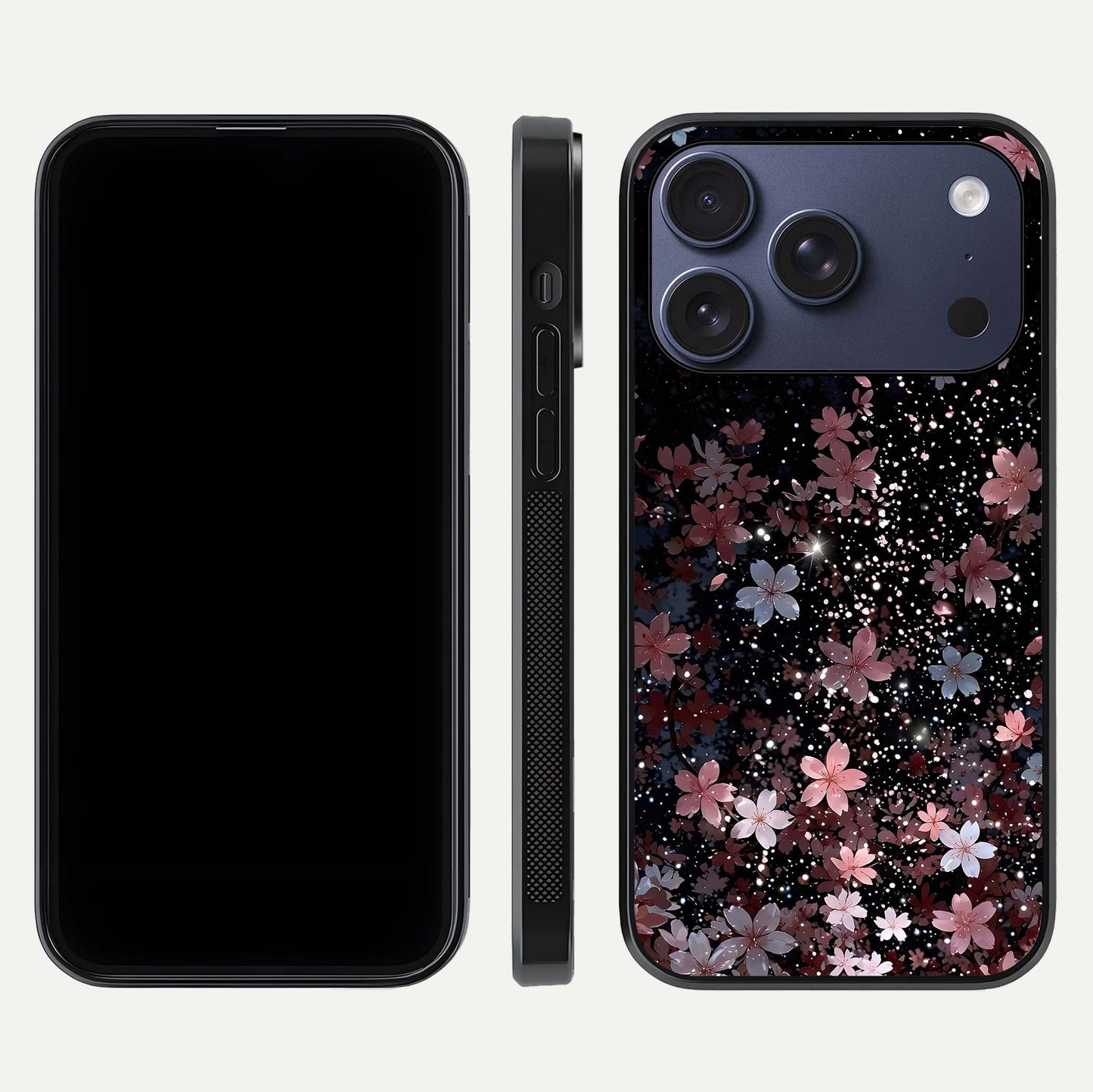 Starlit Flower Dreams Glass Case for iPhone 17 Pro front & back layout showing soft bloom design and curved edge