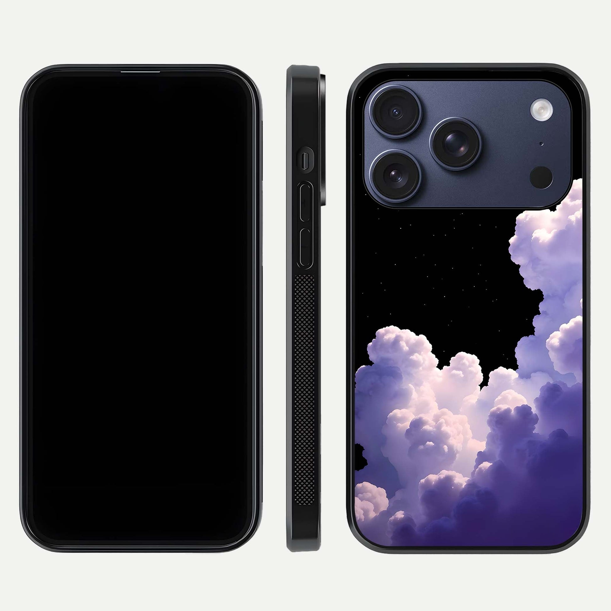 Starlit Night Whispers Glass Case for iPhone 17 Pro front & back layout showing moon tones and curved edges