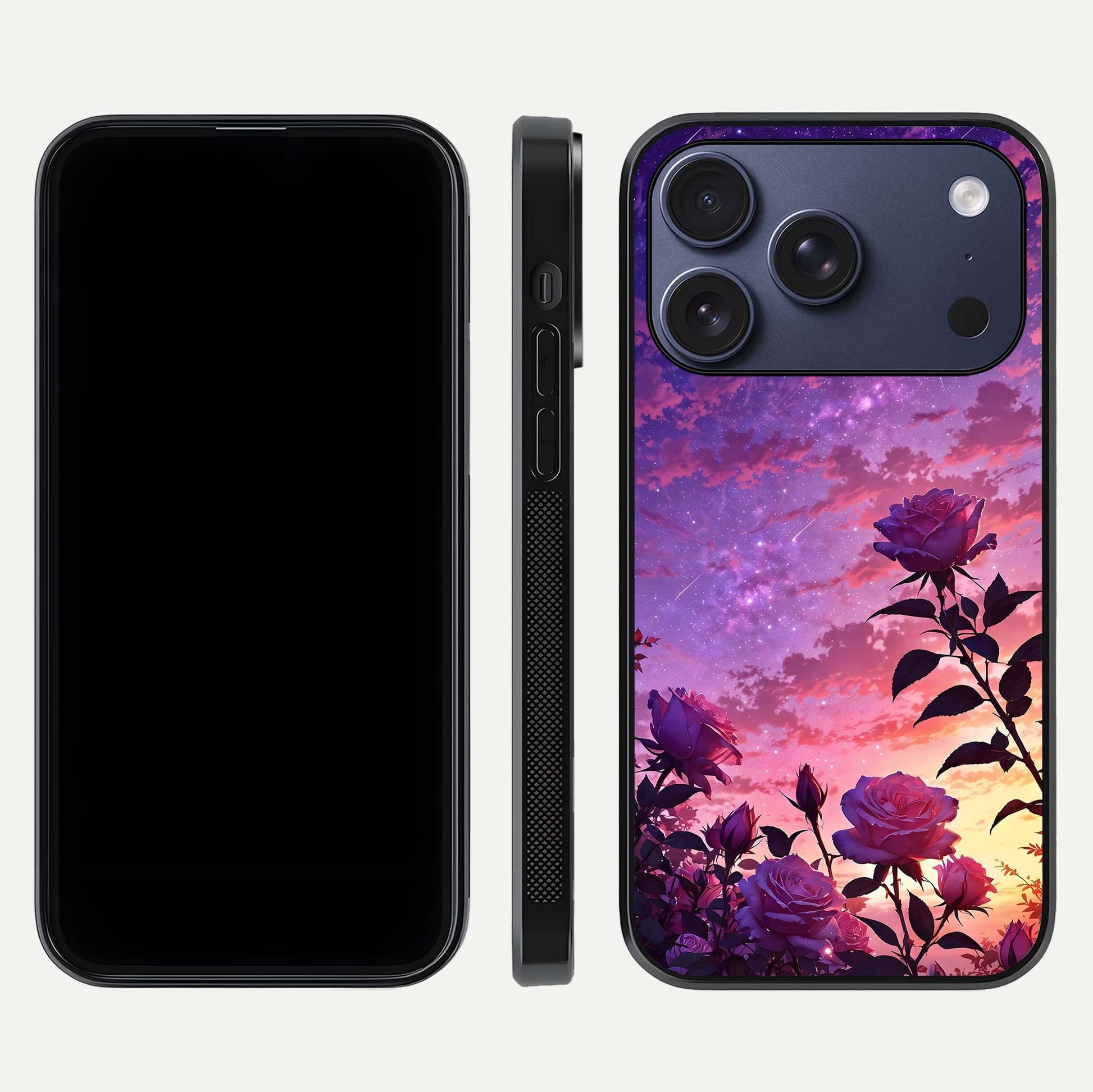Starlit Rose Twilight Glass Case for iPhone 17 Pro front & back layout showing floral blend and glossy edge