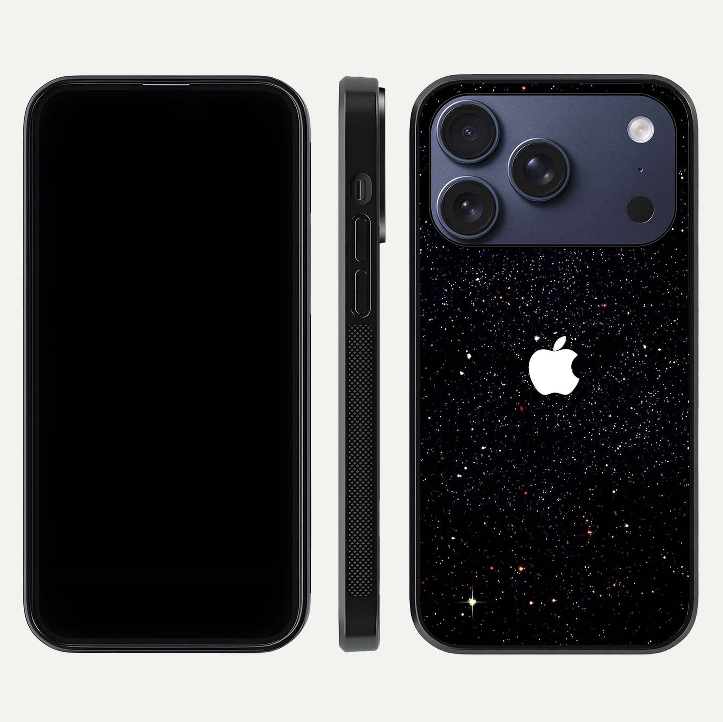Starry Apple Galaxy Glass Case for iPhone 17 Pro front & back layout showing cosmic tones and sleek edge