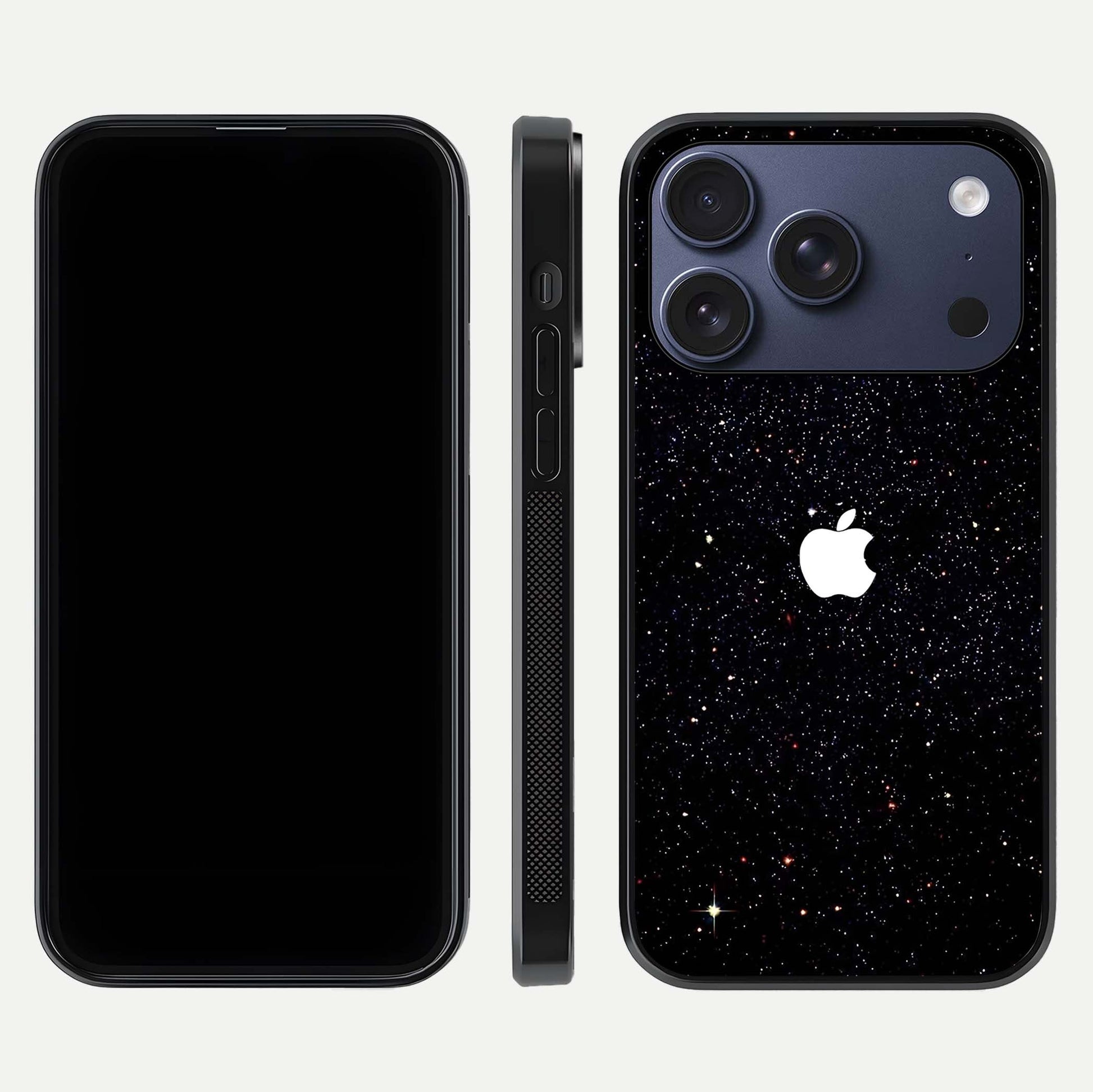 Starry Apple Galaxy Glass Case for iPhone 17 Pro front & back layout showing cosmic tones and sleek edge