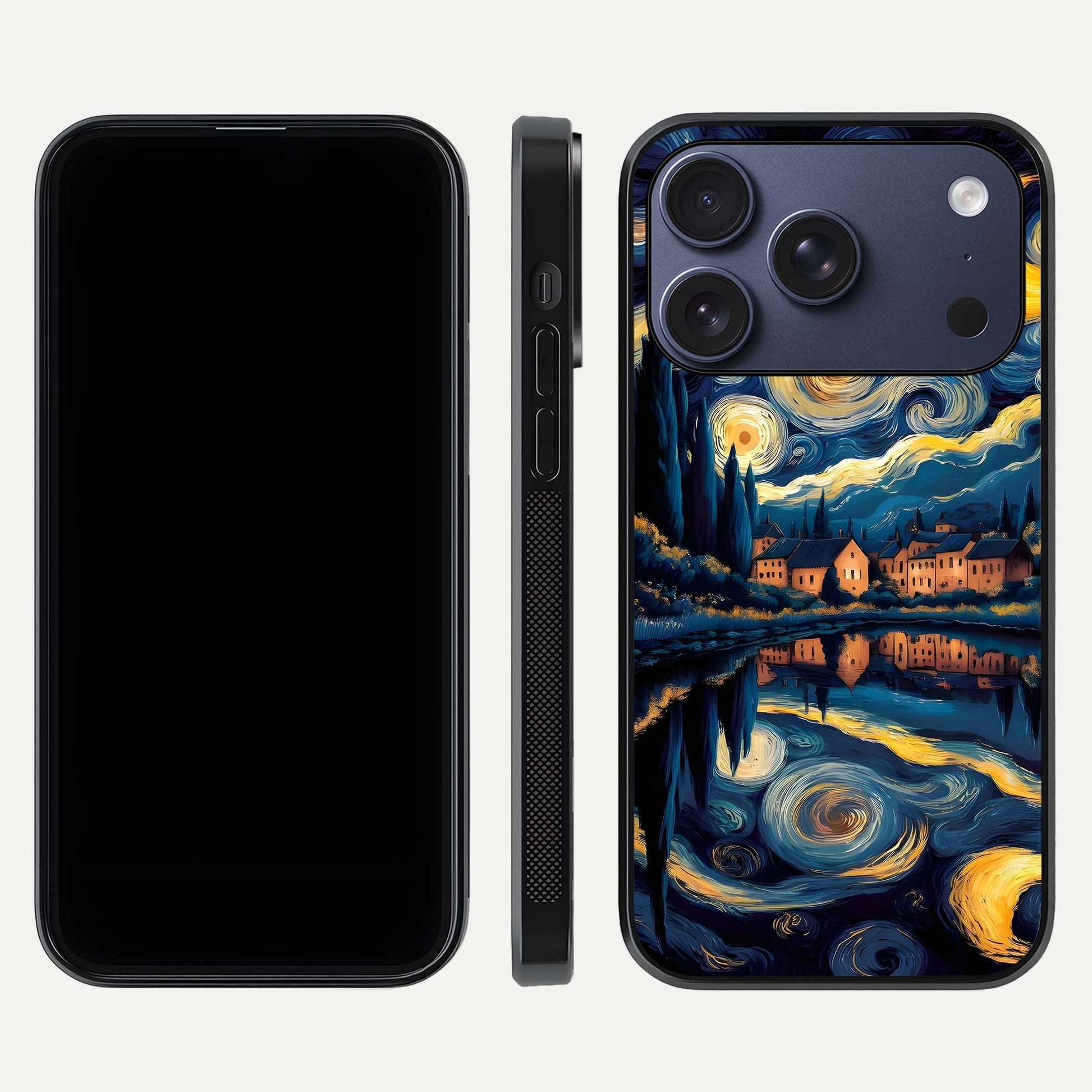 Starry Sky Serenity Glass Case for iPhone 17 Pro front & back layout showing stars and curved glass edges