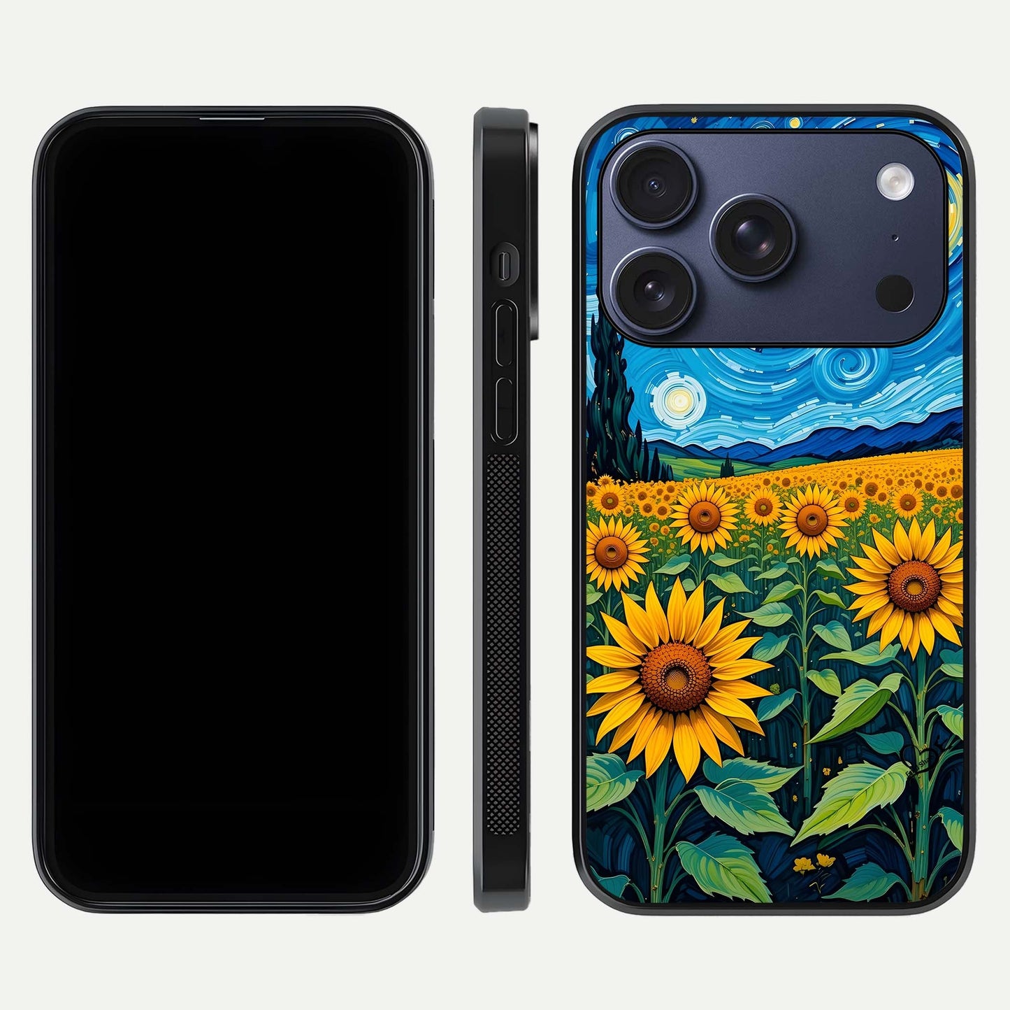 Starry Sunflower Dreams Glass Case for iPhone 16 Pro front & back layout showing floral blend and edge detail