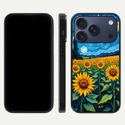 Starry Sunflower Dreams Glass Case for iPhone 16 Pro front & back layout showing floral blend and edge detail
