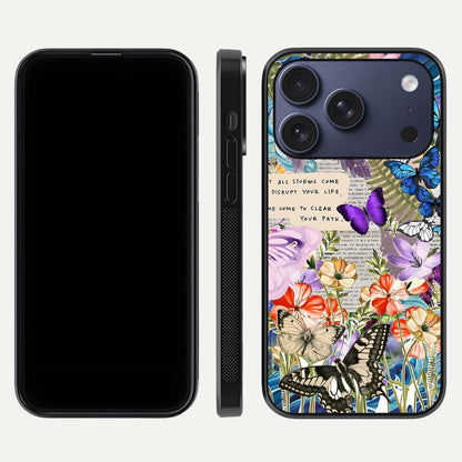Storm Path Bloom Glass Case for iPhone 17 Pro front & back layout showing moody floral blend and edges