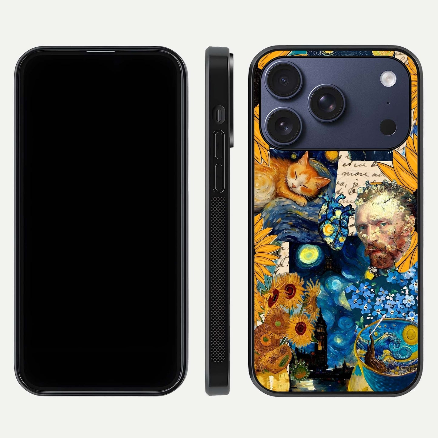 Sunflower Cat Art Glass Case for iPhone 17 Pro front & back layout showing detailed floral cat design and edges