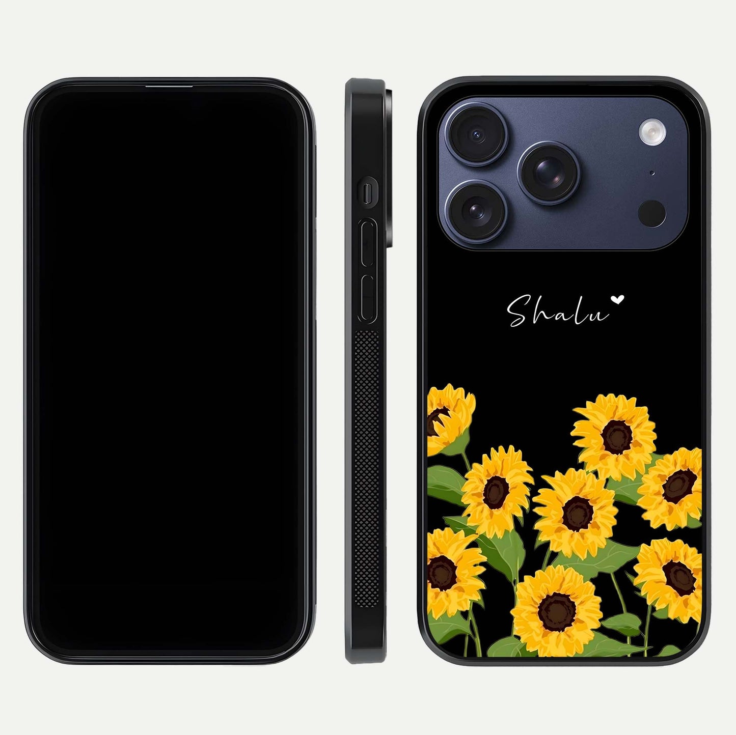 Sunflower Chic Mood Custom Name Glass Case for iPhone 17 Pro front & back layout highlighting custom text zone and shine