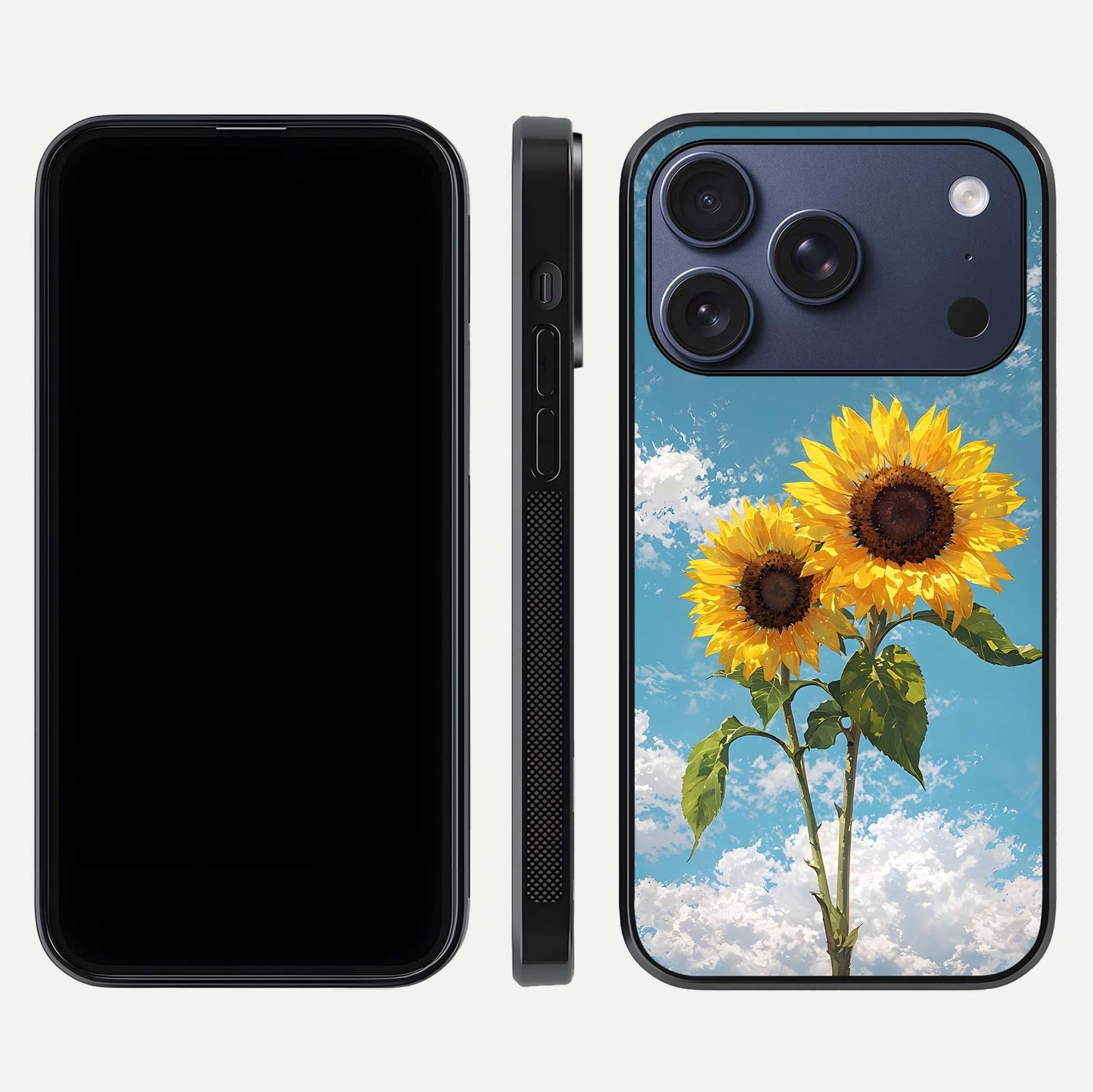 Sunflower Sky Bloom Glass Case for iPhone 17 Pro front & back layout showing soft blue tones and flower contrast