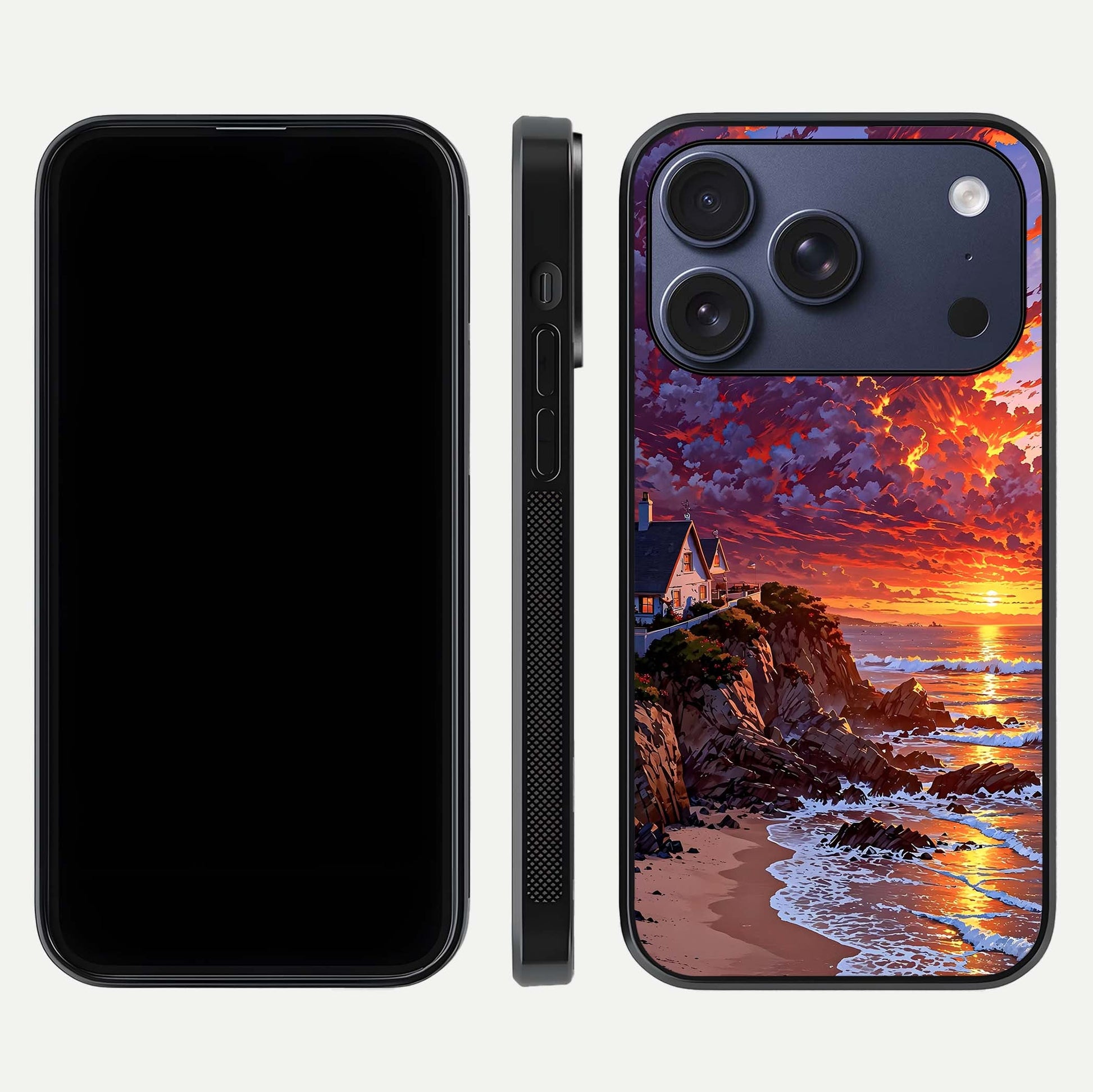 Sunset House by Sea Glass Case for iPhone 17 Pro front & back layout showing scenic gradient and curved edge