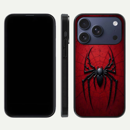 Venom Web Emblem Glass Case for iPhone 17 Pro front & back layout showing contrast art and curved glass edges