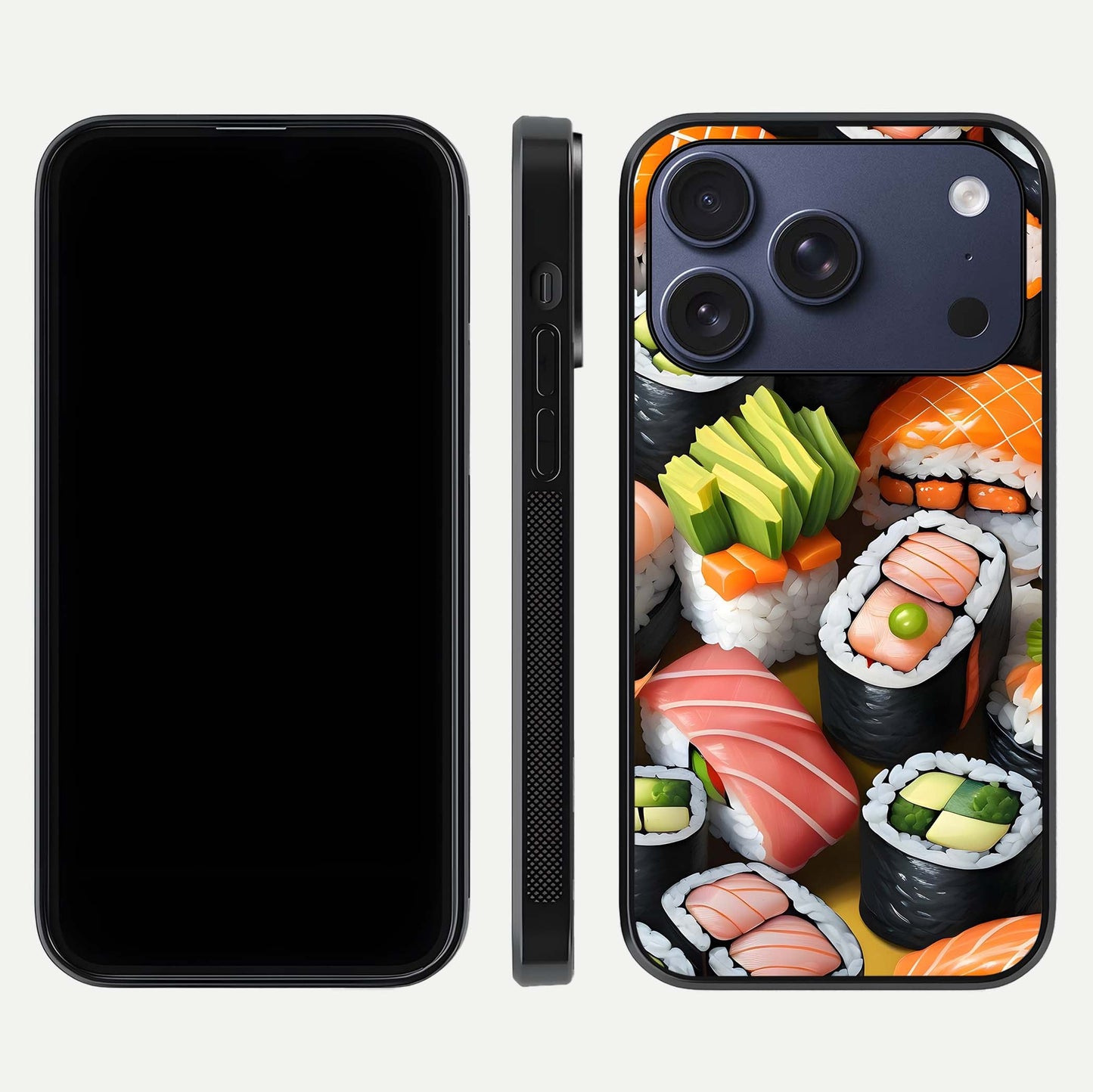 Sushi Food Pattern Glass Case for iPhone 17 Pro front & back layout showing playful food theme and clear edges