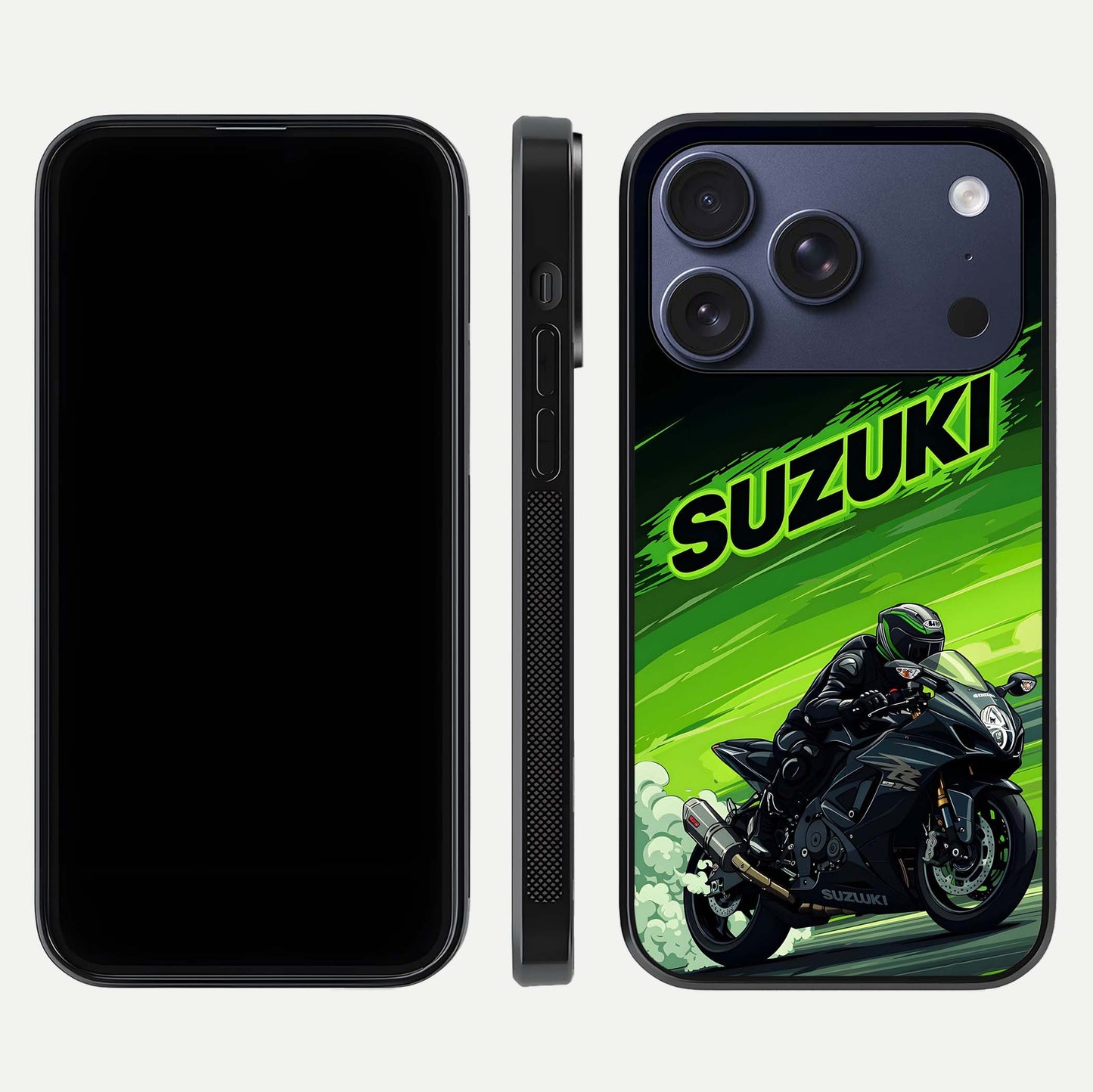 Suzuki Speed Beast Glass Case for iPhone 17 Pro front & back layout showing motion blur and sleek edges