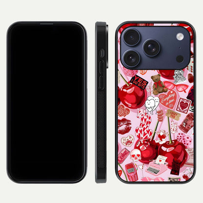 Sweet Cherry Chaos Glass Case for iPhone 17 Pro front & back layout showing vibrant cherries and smooth edges