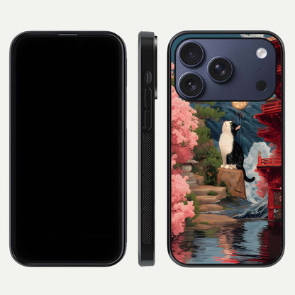 Temple Cat Scenery Glass Case for iPhone 17 Pro front & back layout showing scenic print and edge design