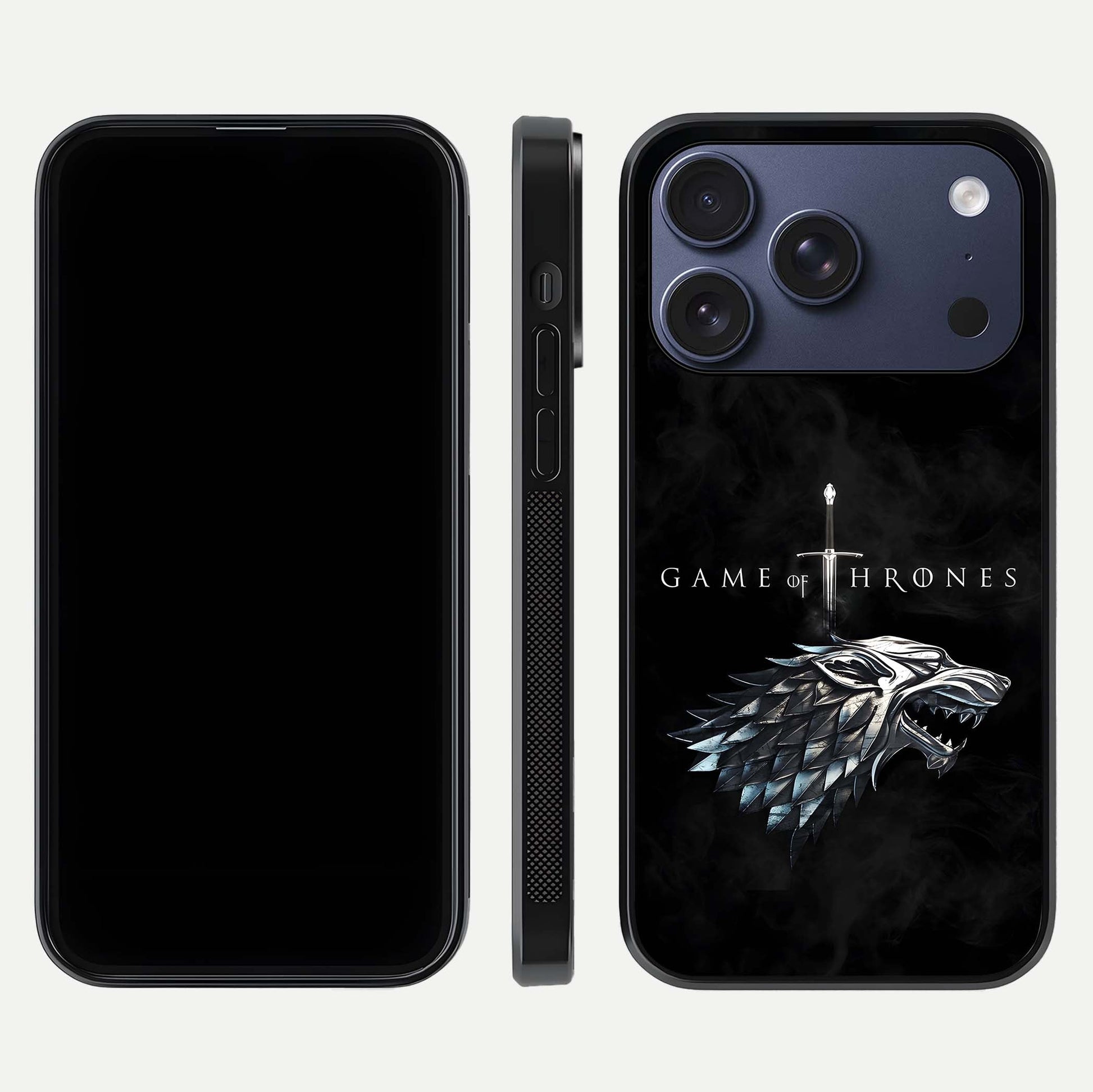Throne Wolf Legacy Glass Case for iPhone 17 Pro front & back layout showing bold pattern and sharp edge