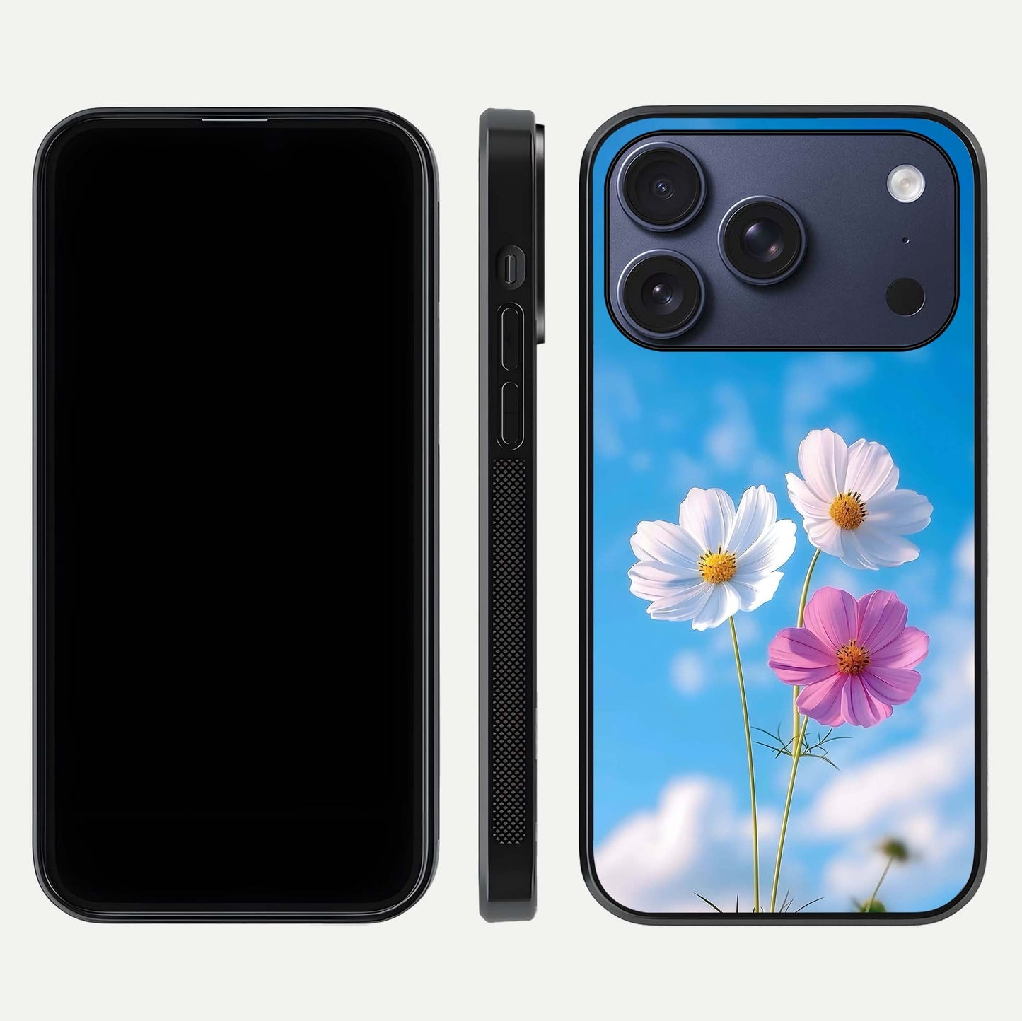 Triple Flowers With Sky Glass Case for iPhone 17 Pro front & back layout showing vivid tones and glossy surface