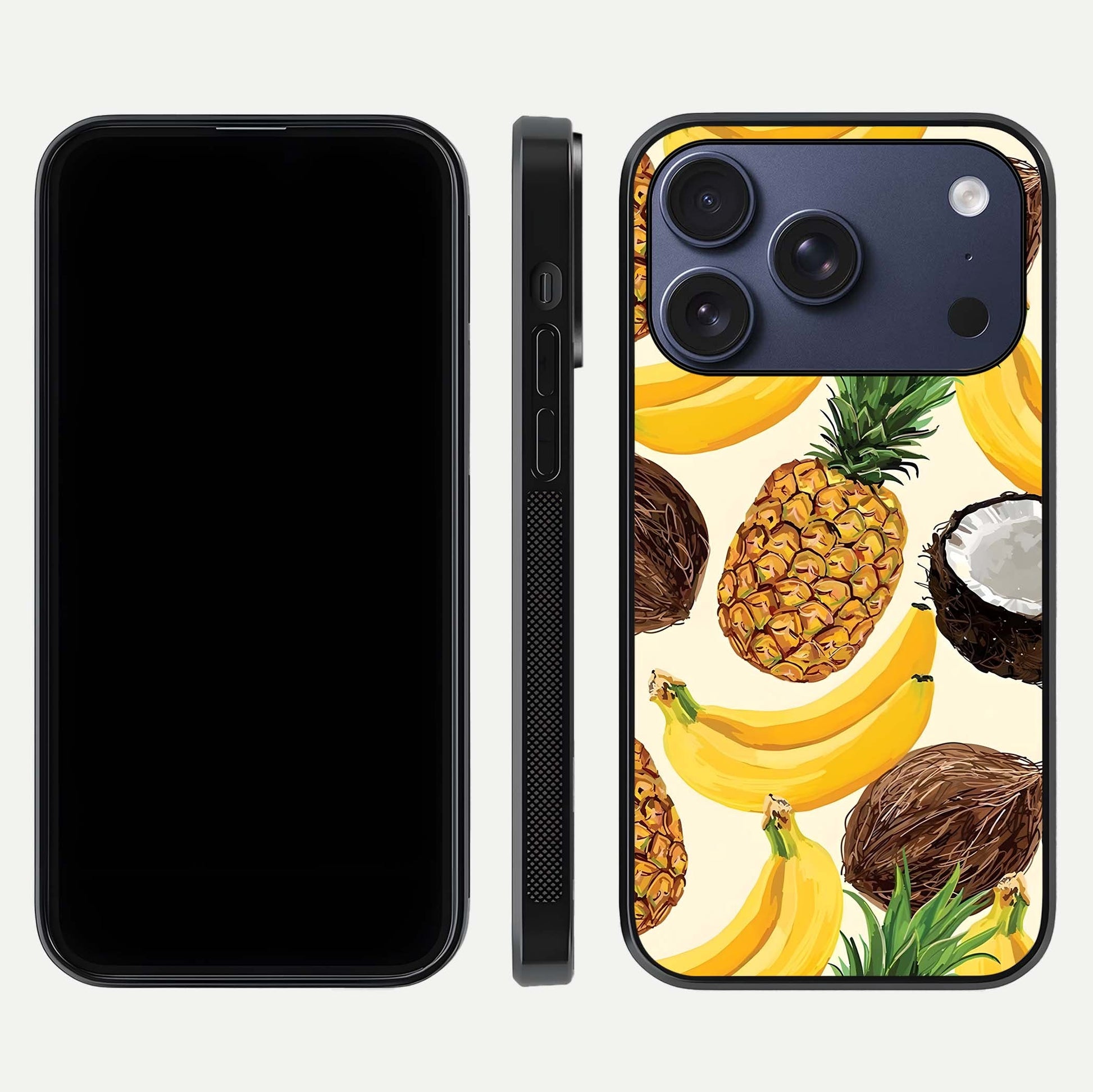 Tropical Fruit Mood Glass Case for iPhone 17 Pro front & back layout showing playful tones and clean edge