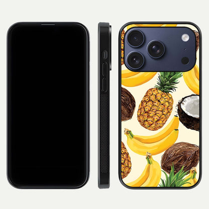 Tropical Fruit Mood Glass Case for iPhone 17 Pro front & back layout showing playful tones and clean edge