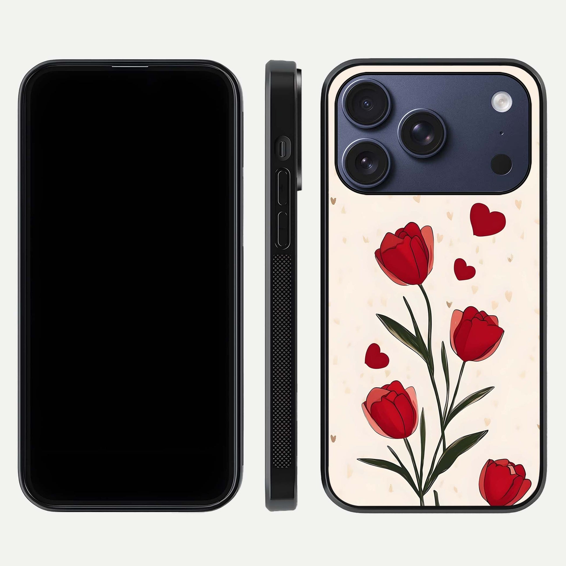 Tulip With Heart Glass Case for iPhone 16 Pro front & back layout showing heart motif and elegant gloss finish