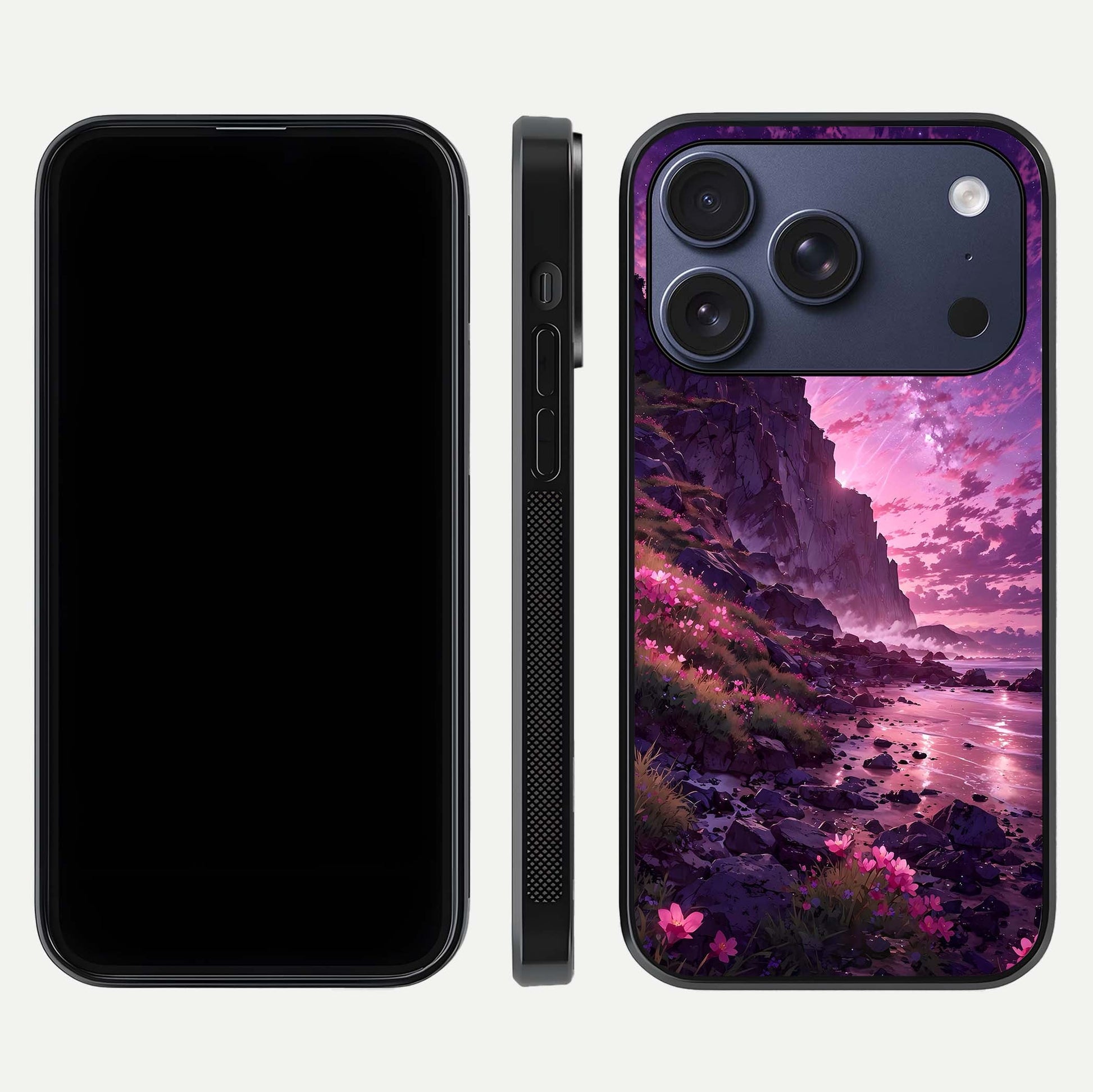 Twilight Blossom Coast Glass Case for iPhone 17 Pro front & back layout showing floral tones and curved edge