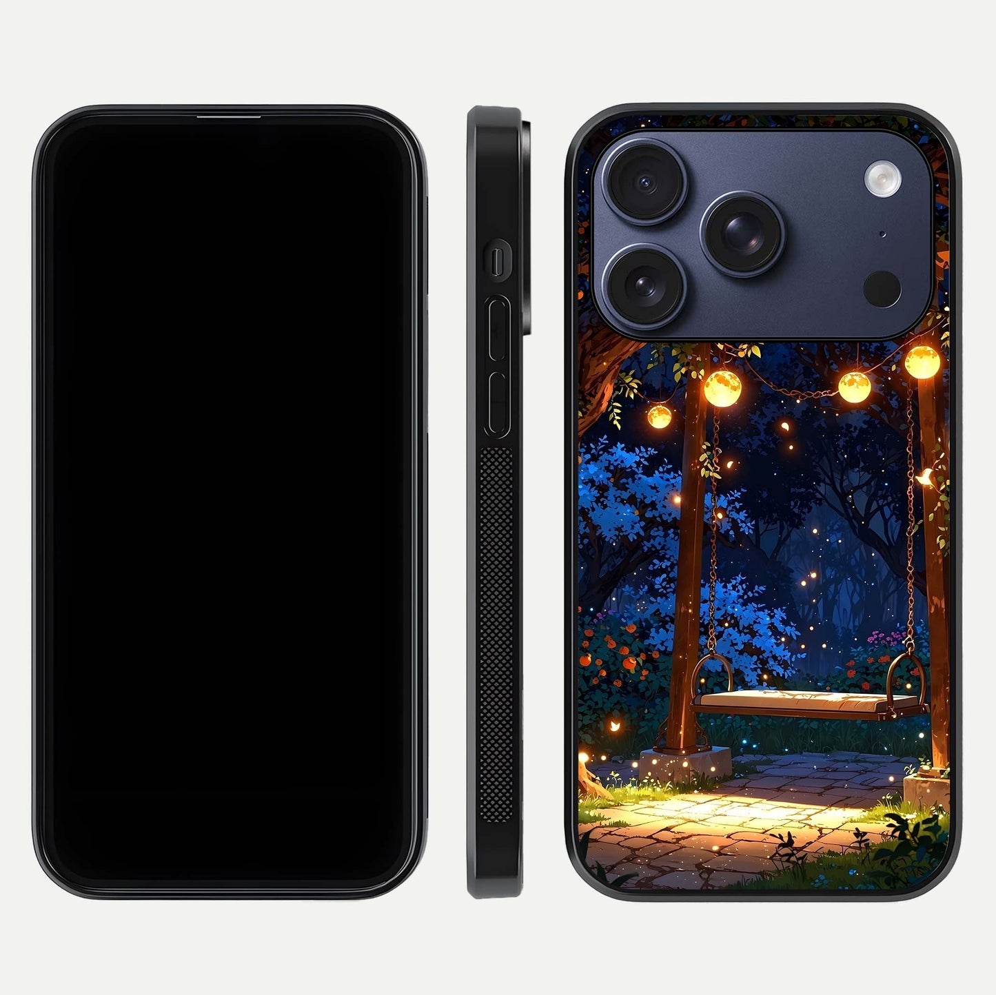 Twilight Garden Swing Glass Case for iPhone 17 Pro front & back layout showing garden art and clean edge