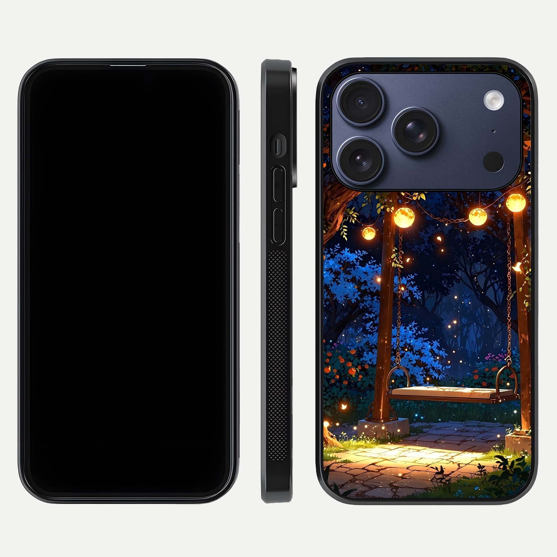 Twilight Garden Swing Glass Case for iPhone 17 Pro front & back layout showing garden art and clean edge