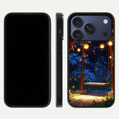 Twilight Garden Swing Glass Case for iPhone 17 Pro front & back layout showing garden art and clean edge