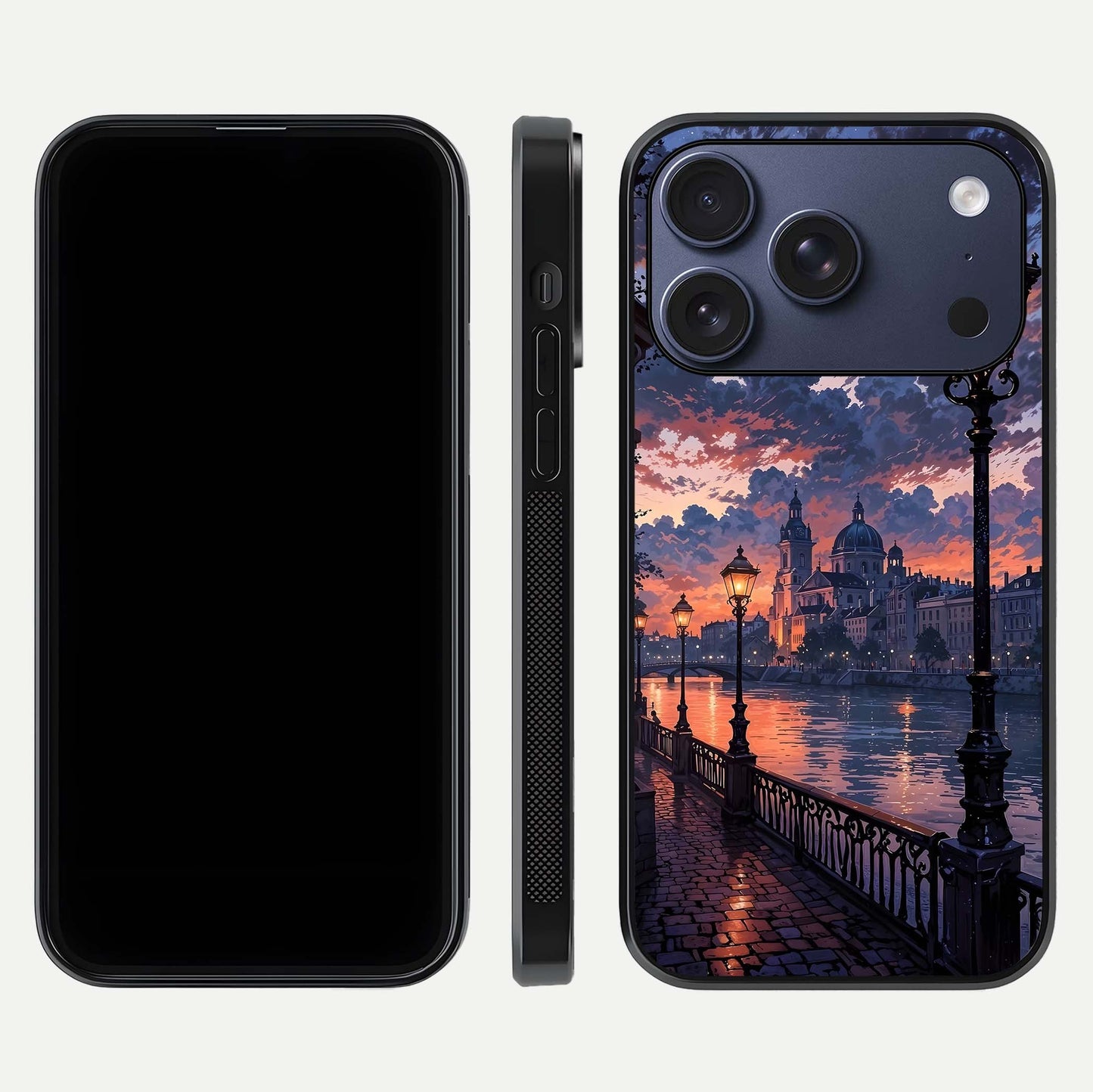 Twilight River Lights Glass Case for iPhone 16 Pro front & back layout showing scenic artwork and smooth curved edges