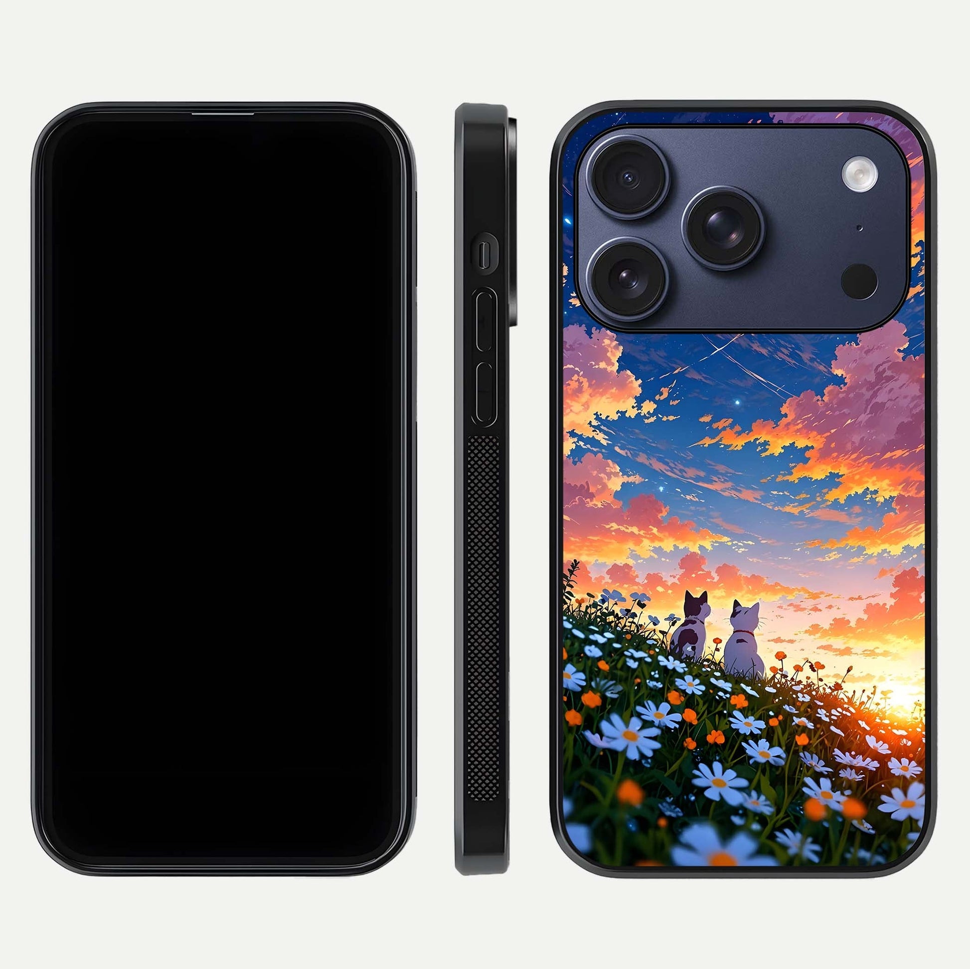 Two Cats Friends Glass Case for iPhone 17 Pro front & back layout showing friendly cat theme and edge design