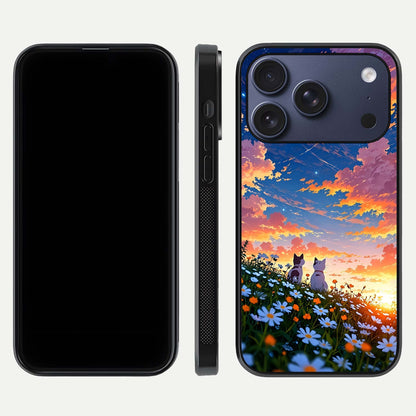 Two Cats Friends Glass Case for iPhone 17 Pro front & back layout showing friendly cat theme and edge design