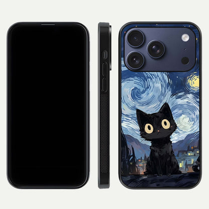 Van Gogh Cat Glass Case for iPhone 16 Pro front & back layout showing detailed art print and curved glass edges