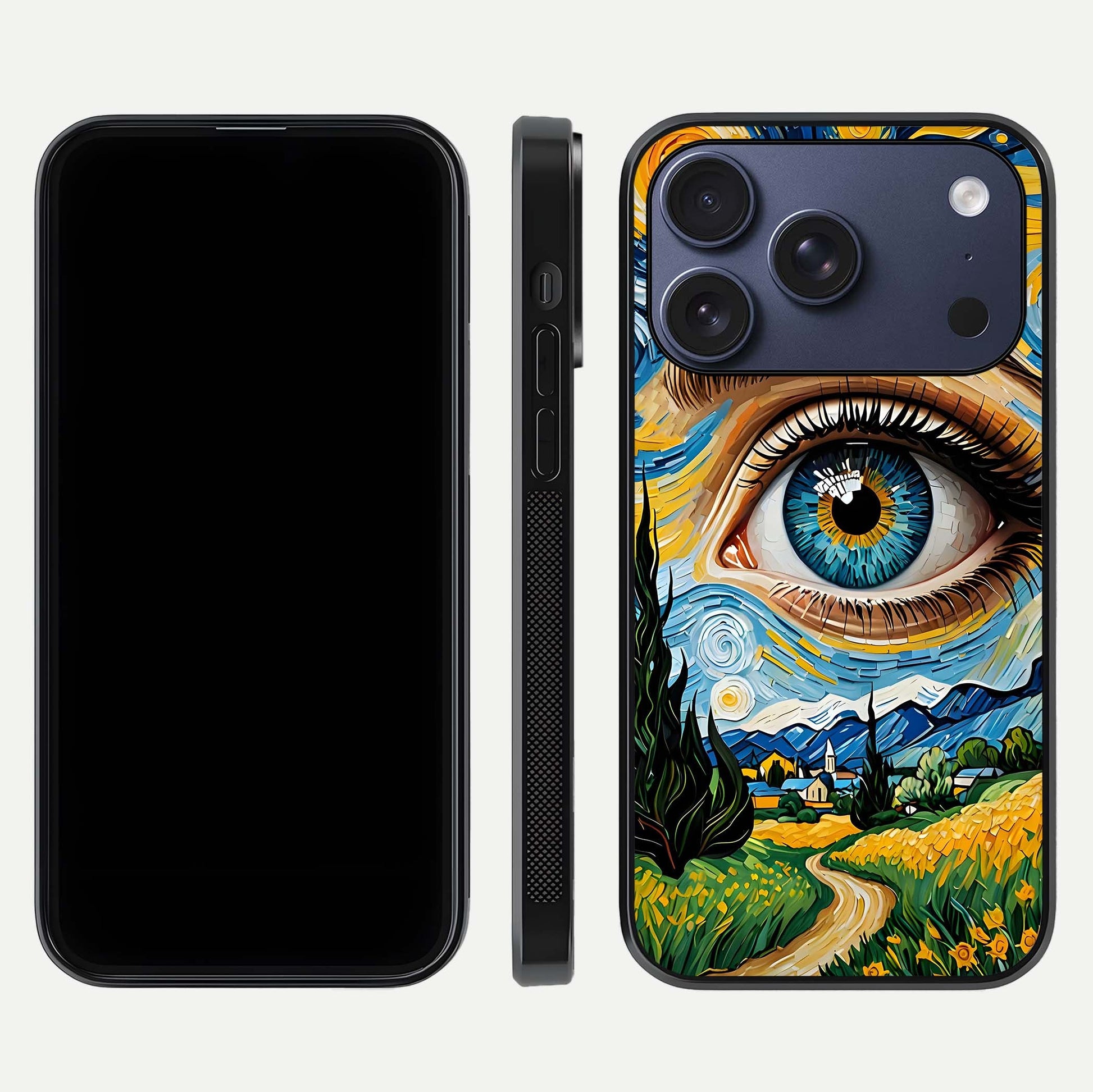 Van Gogh Eye Glass Case for iPhone 16 Pro front & back layout showing brushstroke detail and smooth finish