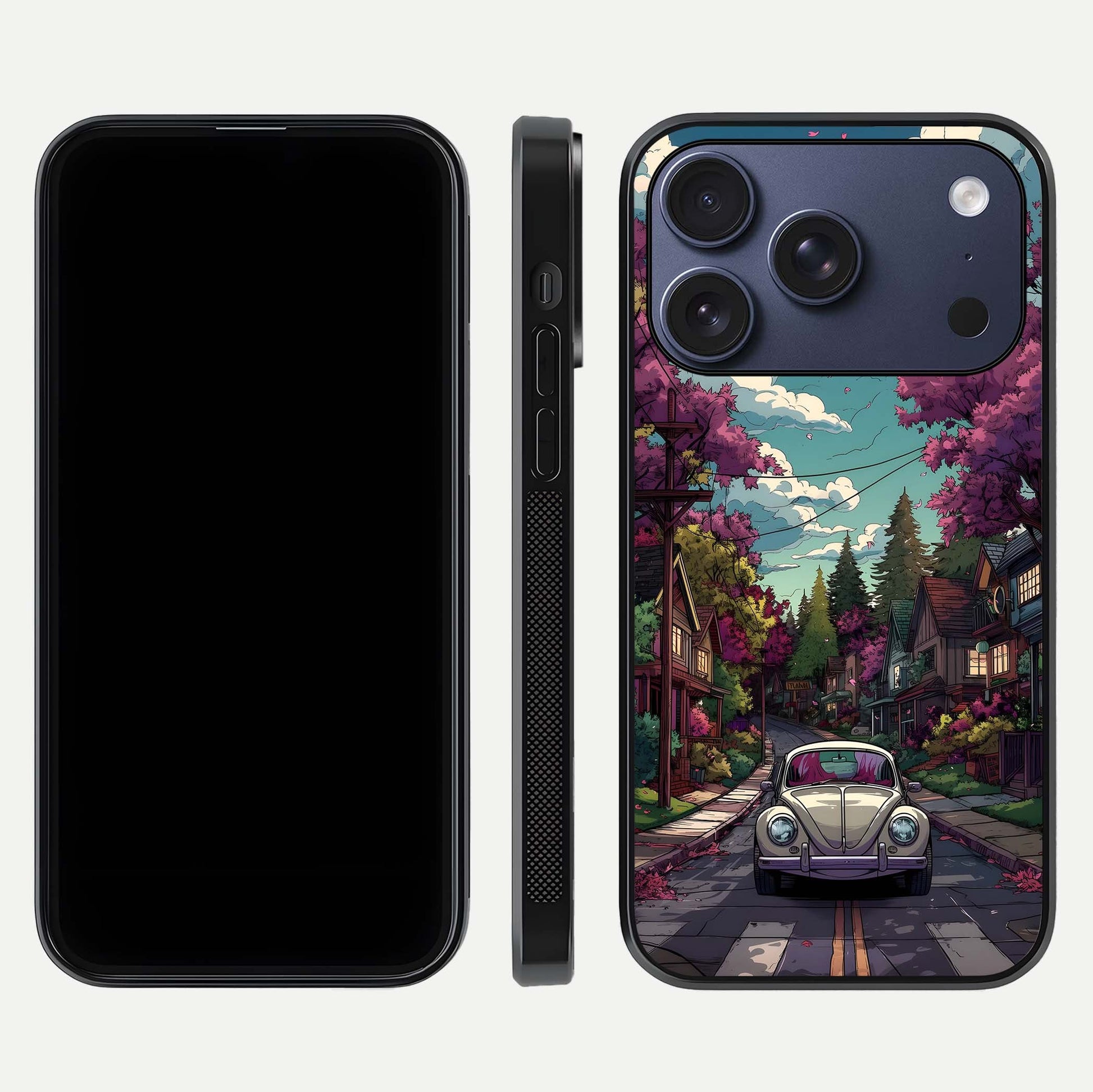 Vintage Street Drive Glass Case for iPhone 17 Pro front & back layout showing retro street scene and edges