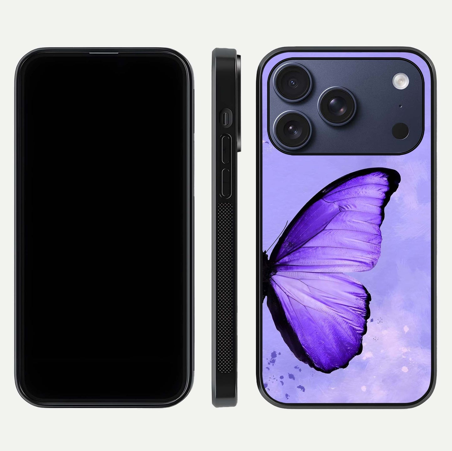 Violet Dream Wing Glass Case for iPhone 17 Pro front & back layout showing violet tones and smooth edges