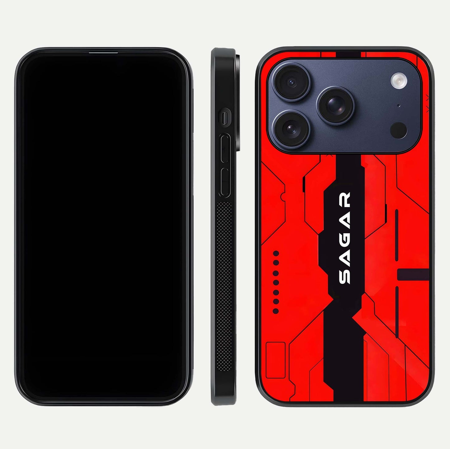 Voltage Rise CYBERPUNK Custom Name Glass Case for iPhone 16 Pro front & back layout showing futuristic tones and sleek edge