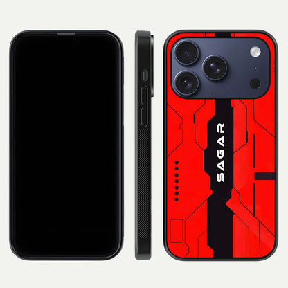 Voltage Rise CYBERPUNK Custom Name Glass Case for iPhone 16 Pro front & back layout showing futuristic tones and sleek edge