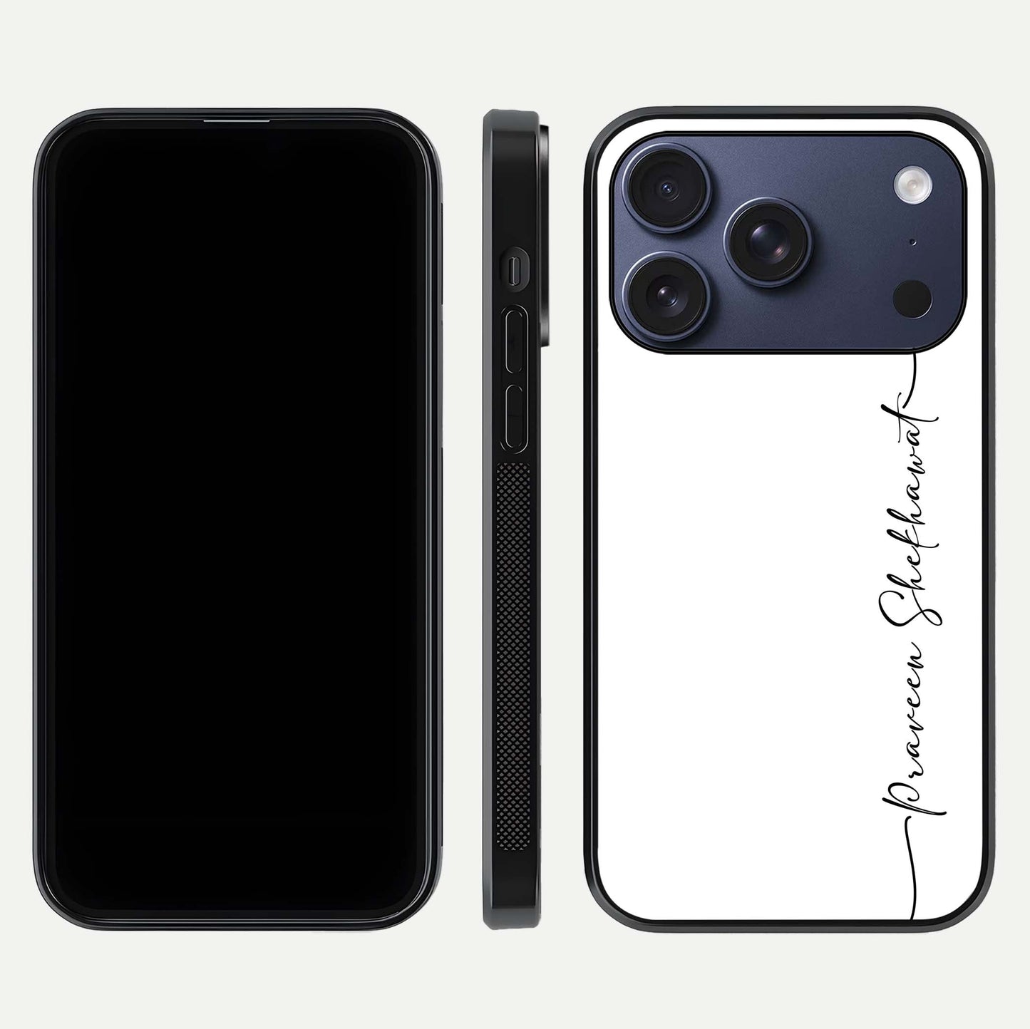 White Tune Custom Name Glass Case for iPhone 17 Pro front & back layout showing clean design and text placement