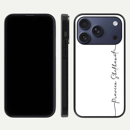 White Tune Custom Name Glass Case for iPhone 17 Pro front & back layout showing clean design and text placement