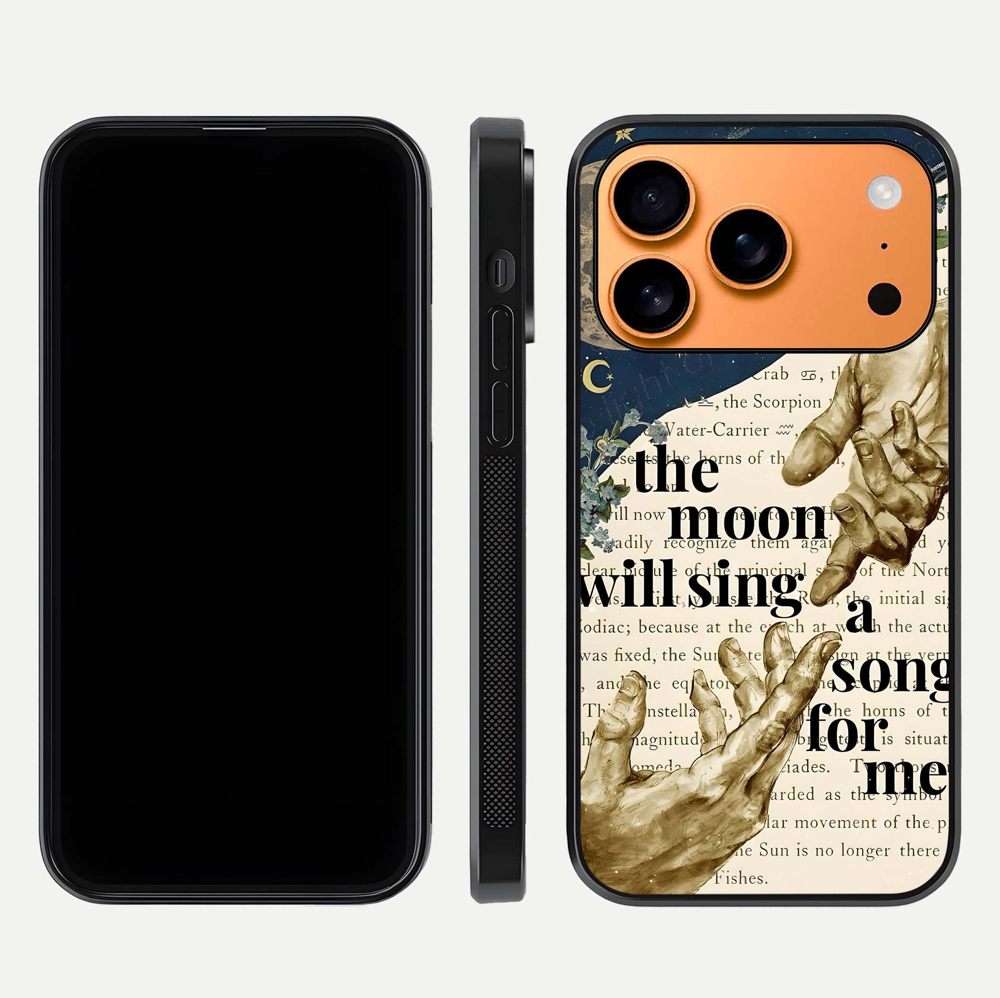 Aesthetic Divine Glass Case for iPhone 17 Pro Max front and back view layout showing black front display and divine art glass back
