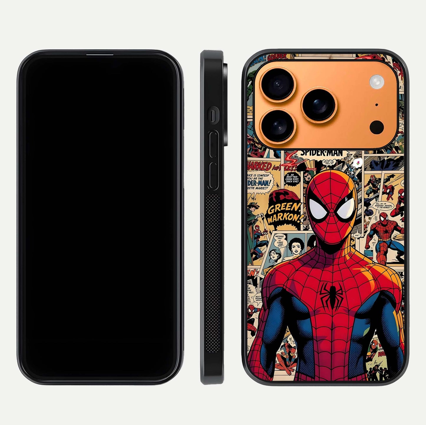 Aesthetic Spider Man Glass Case for iPhone 17 Pro Max front and back view layout showing black front display and Spider-Man art glass back