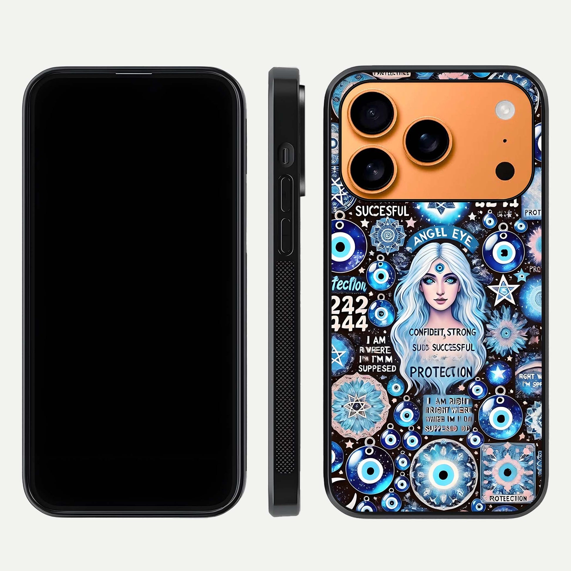 Angel Aura Shield Glass Case for iPhone 17 Pro Max front and back display highlighting glass clarity and spiritual design