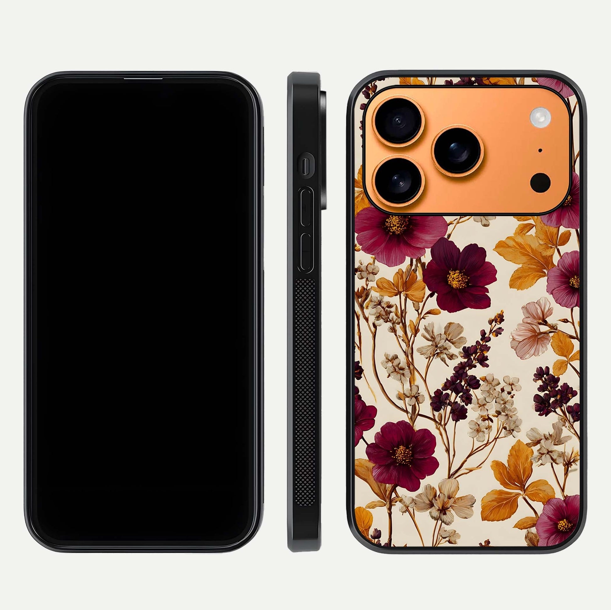 Autumn Wine Bloom Glass Case for iPhone 17 Pro Max front and back layout showing autumn print and HD glass clarity
