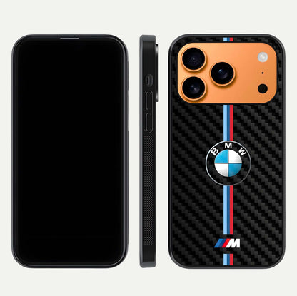 BMW Pattern Glass Case for iPhone 17 Pro Max front-and-back layout displaying car-themed art and premium glass gloss