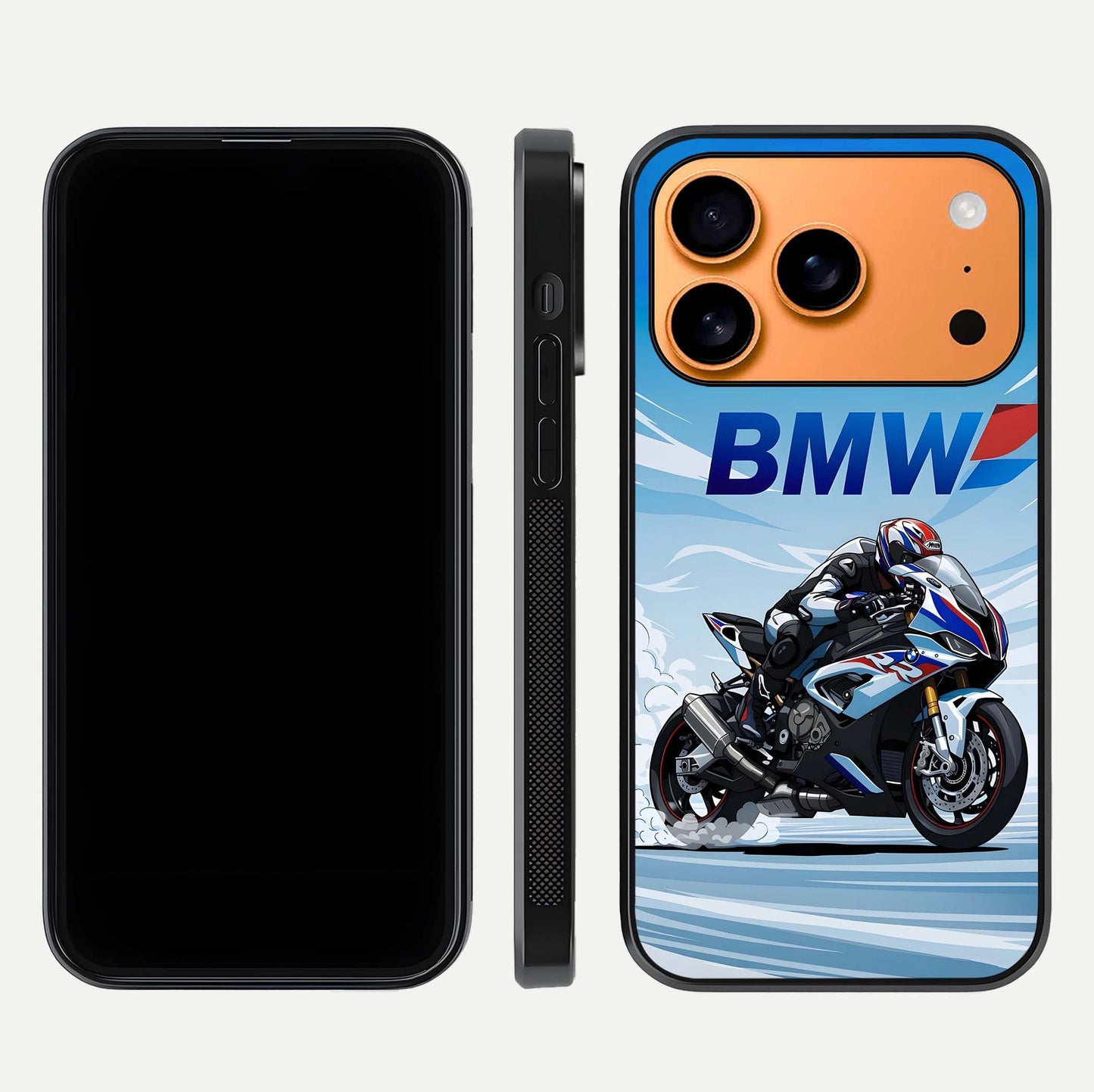 BMW Power Drift Glass Case for iPhone 17 Pro Max dual-view layout showing energy pattern and edge clarity