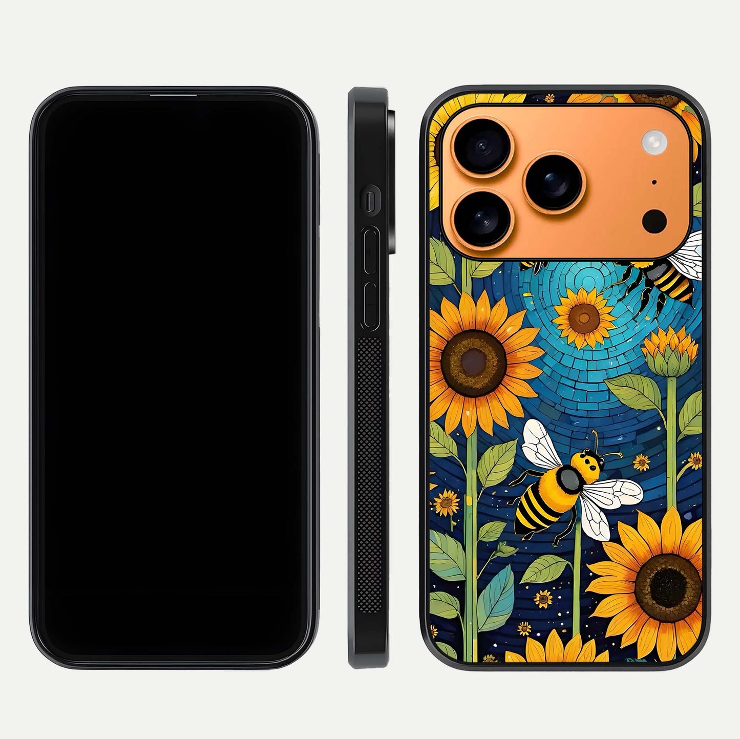 Bees & Sunflowers Glass Case for iPhone 17 Pro Max front-and-back layout highlighting nature-inspired artwork and protective edge