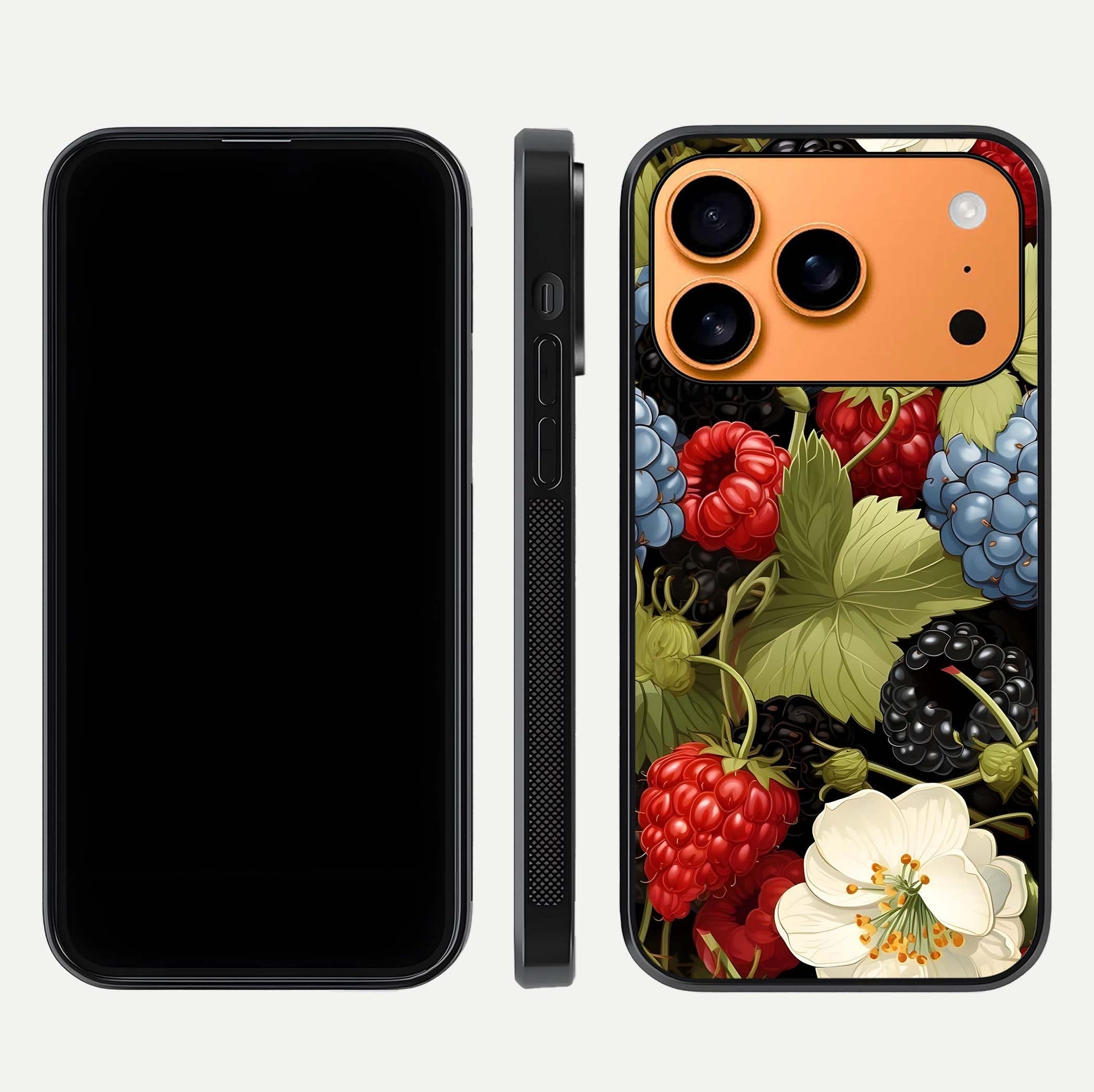 Berry Bloom Charm Glass Case for iPhone 17 Pro Max front-and-back layout showing floral pattern continuity and smooth glass shine
