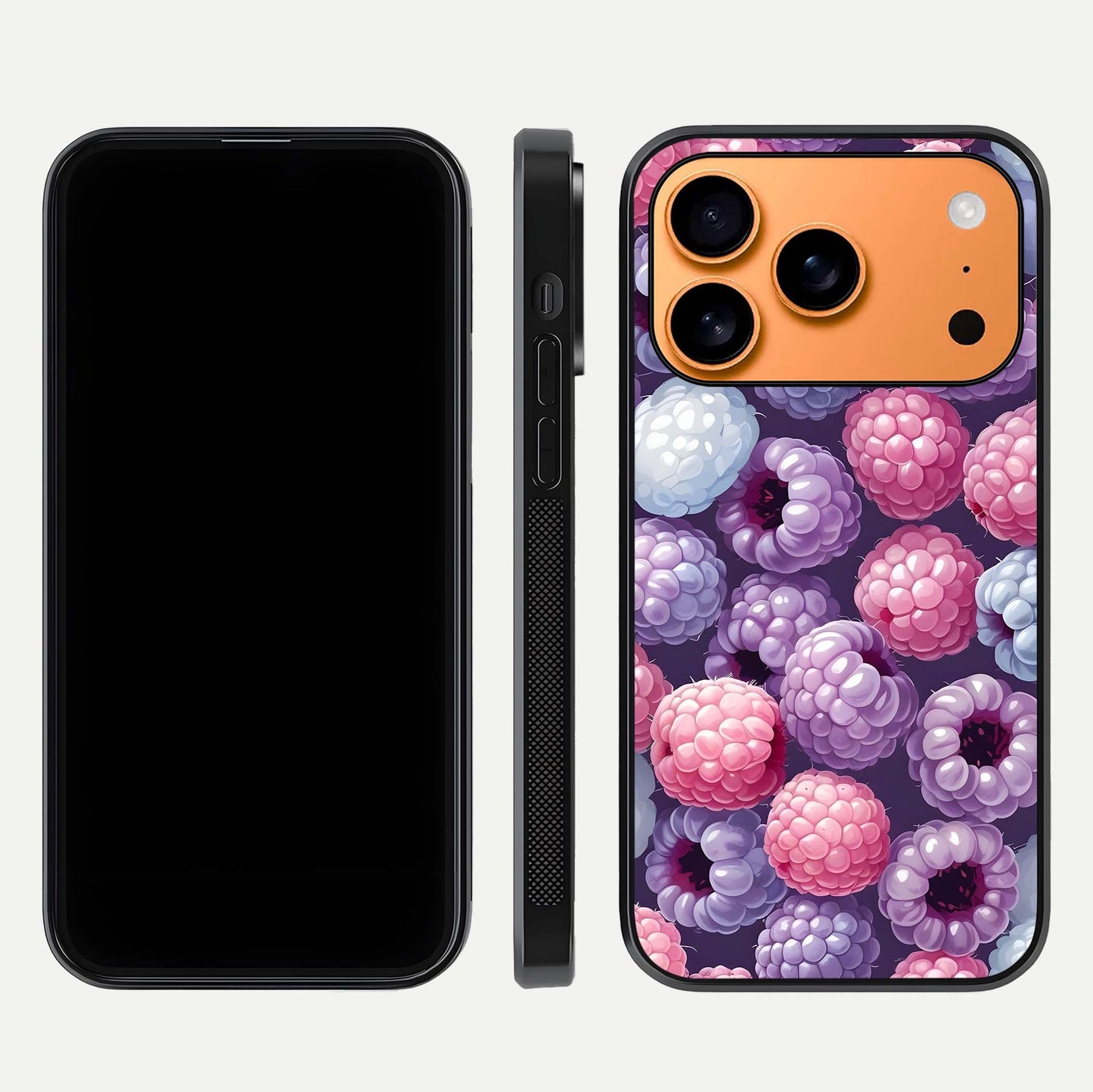 Berry Candy Pop Glass Case for iPhone 17 Pro Max front-and-back layout showing colorful pattern and sleek protective frame