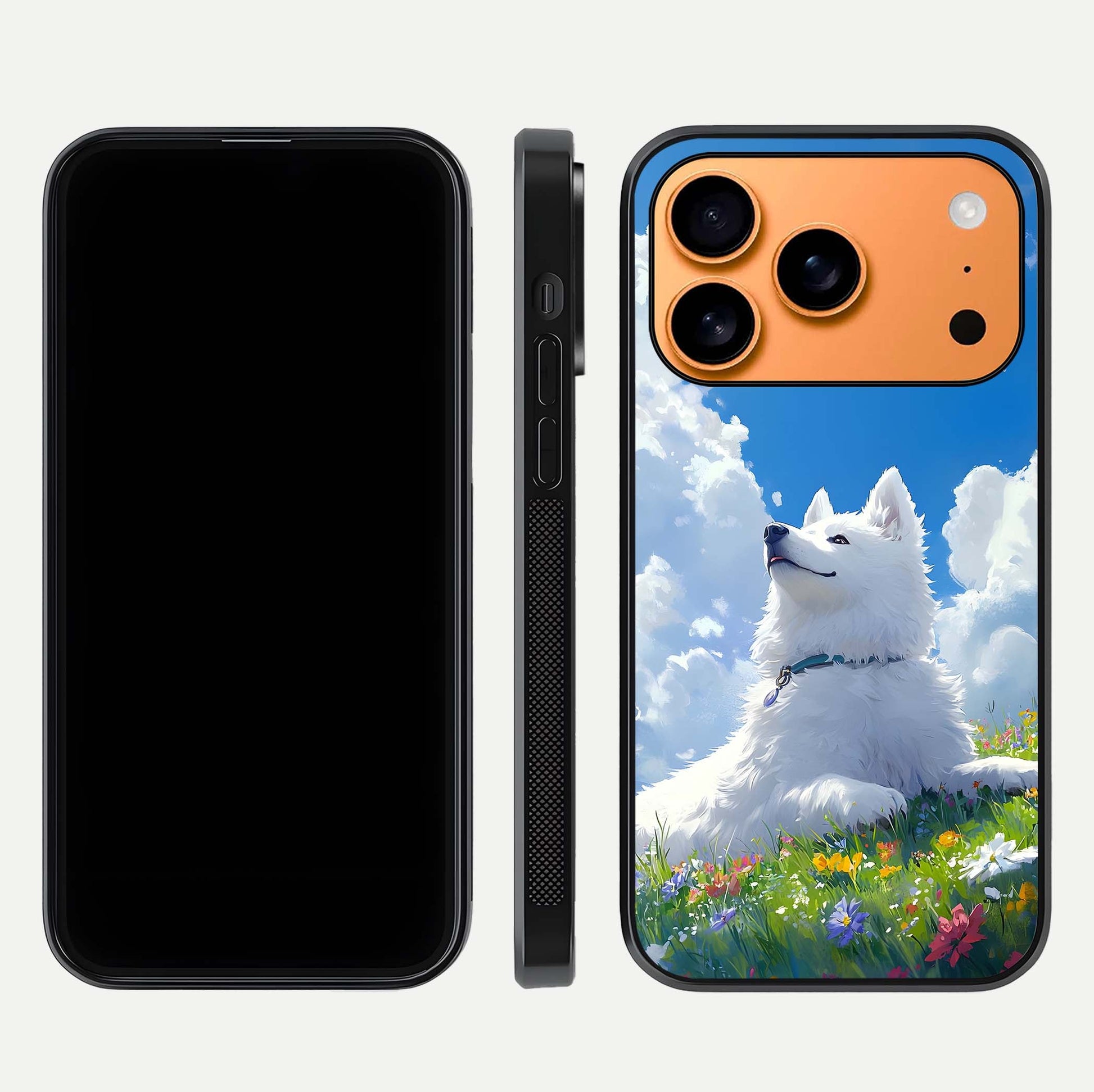 Blissful Cloud Pup Glass Case for iPhone 17 Pro Max front-and-back layout showing art alignment and edge design
