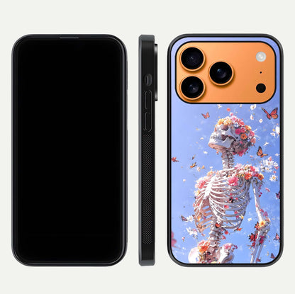 Bloom Beyond Bones Glass Case for iPhone 17 Pro Max dual-view layout showing creative aesthetic and edge design